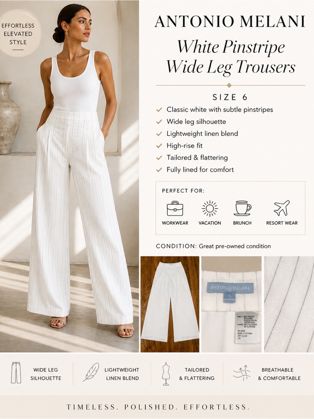 Antonio Melani White Pinstripe Linen Wide Leg Trousers Size 6 High Rise